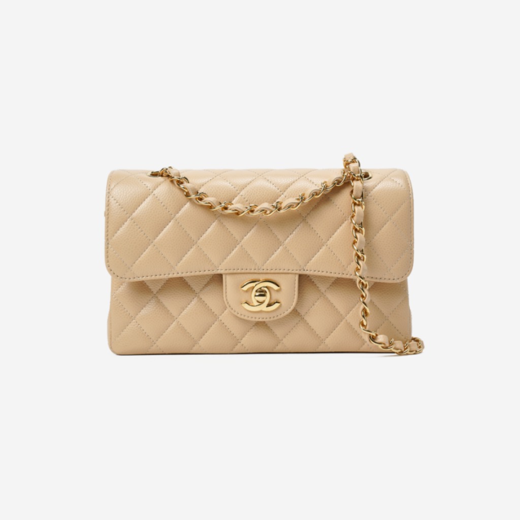 [LUXURY BRAND] Chanel Small Classic Handbag Grained Calfskin &#038; Gold Beige