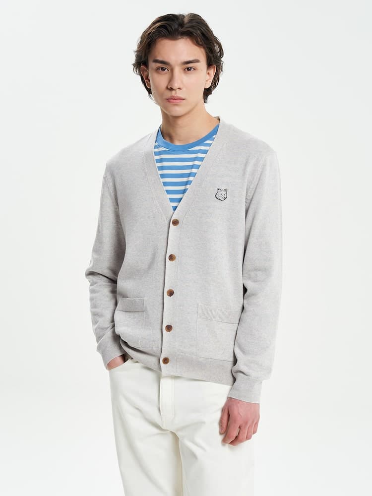 Men Tonal Fox Head Patch Regular Cardigan - Light Grey Melange